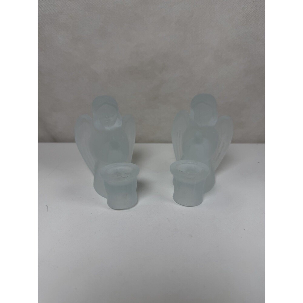 Vtg LE Smith Frosted Glass Angel Candlestick Holders Satin Cherub Pair of 2